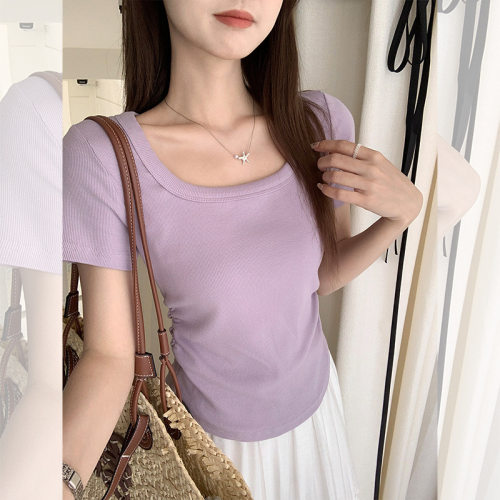 紫色抽褶方领收腰短袖T恤女气质