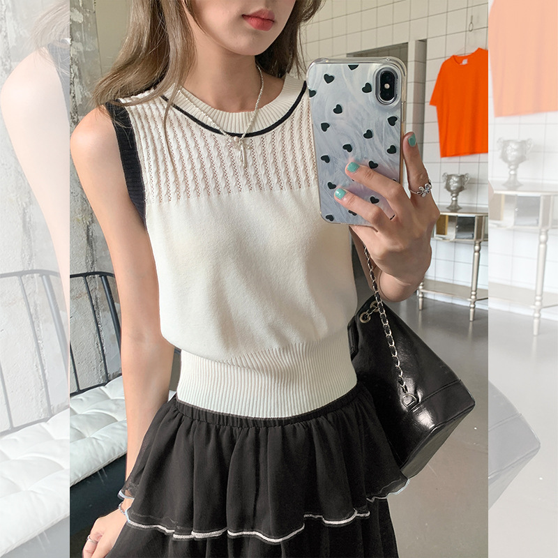 小香风圆领撞色针织吊带背心女薄