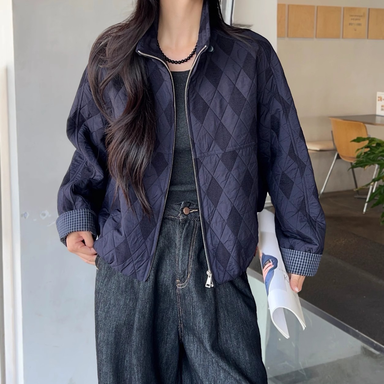 韩系翻领时尚夹棉撞色外套女百搭