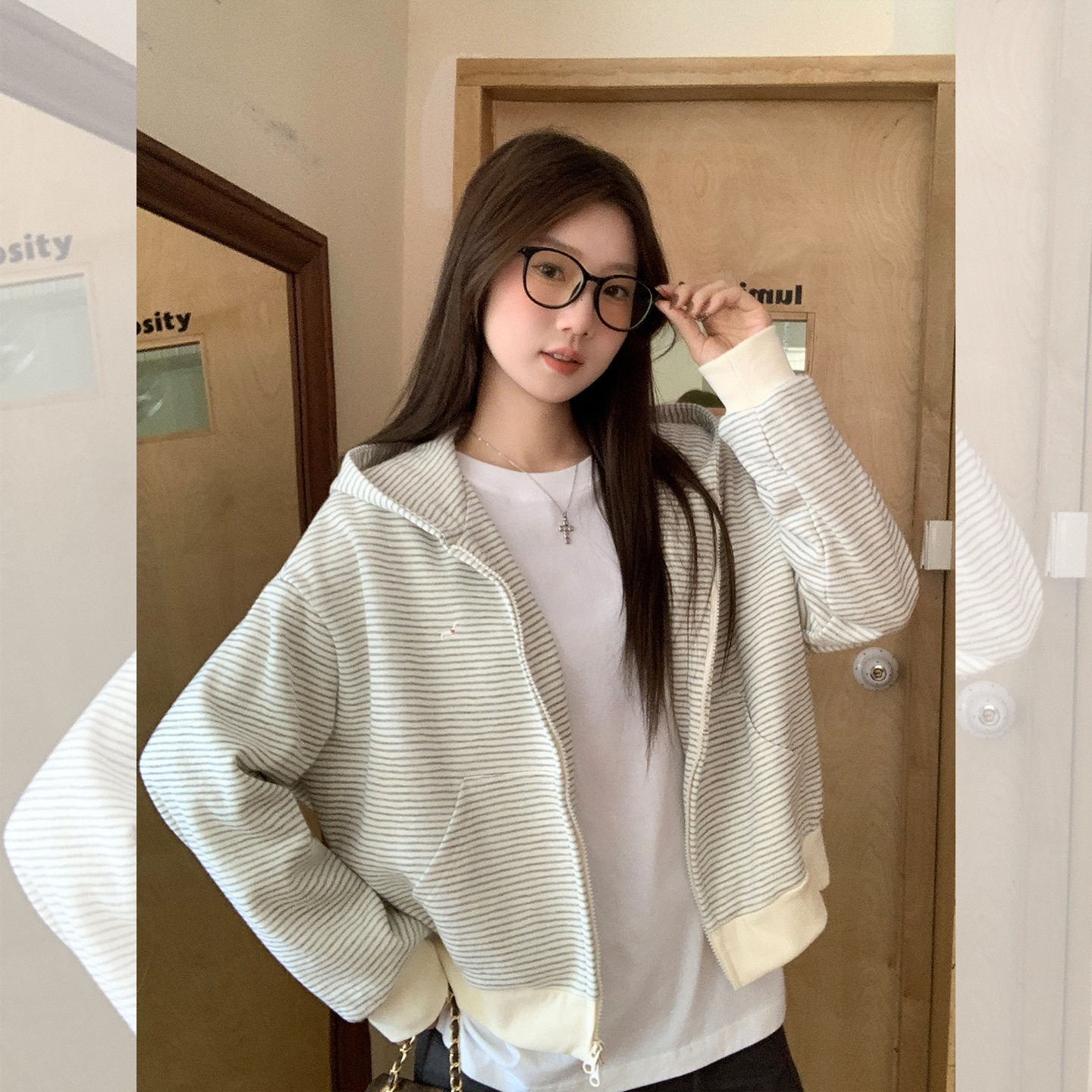 条纹撞色双拉链连帽外套女设计感