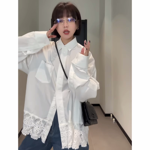 韩系拼接蕾丝白色长袖衬衫女显瘦