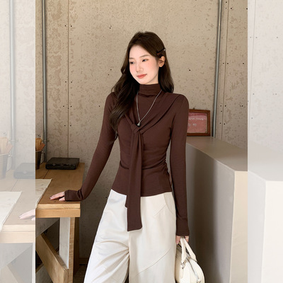 德绒半高领撞色条纹打底衫女加厚