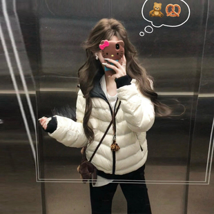 排骨羽绒服女2026新款连帽加厚保暖撞色小个子修身加绒超好看棉服