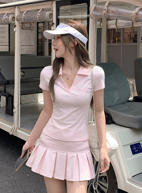 粉色polo领正肩短袖T恤女修身2025夏日新款显瘦刺绣绝美洋气上衣