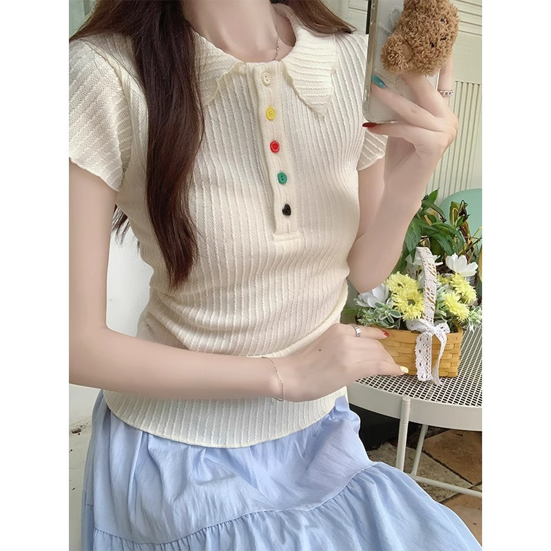 别致彩色纽扣翻领短袖T恤女百搭
