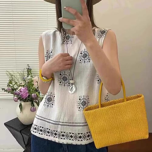 亚麻刺绣圆领吊带背心女内搭薄款