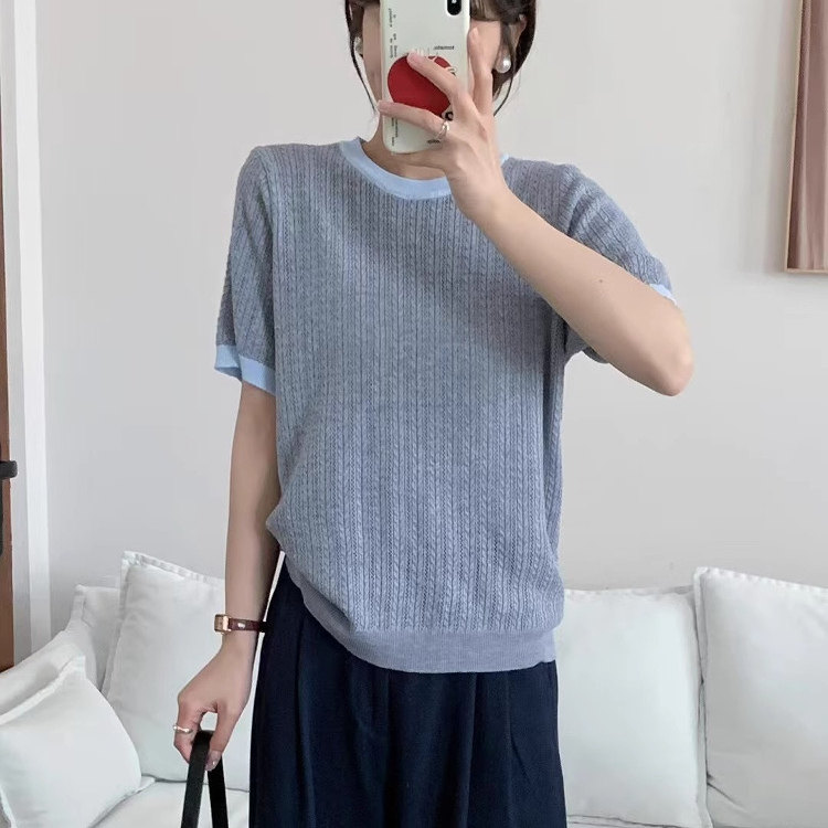 时尚圆领拼色冰丝短袖t恤女宽松