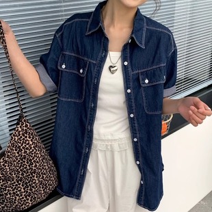 t恤女夏叠穿设计感纯棉宽松小个子内搭上衣 港风复古牛仔翻领短袖