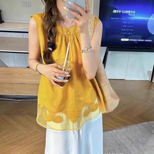 亚麻设计感镂空吊带背心女内搭夏新款 减龄上衣 宽松无袖 防走光时尚