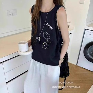 防走光宽松胖mm显瘦上衣薄 亚麻刺绣设计感圆领吊带背心女内搭无袖