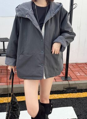 撞色格子连帽外套女秋冬新款休闲