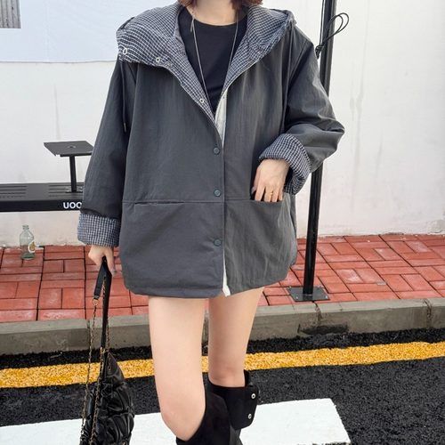 撞色格子连帽外套女秋冬新款休闲