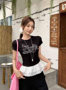 黑色圆领蕾丝花边下摆短袖t恤女纯棉新款烫钻设计感独特别致上衣