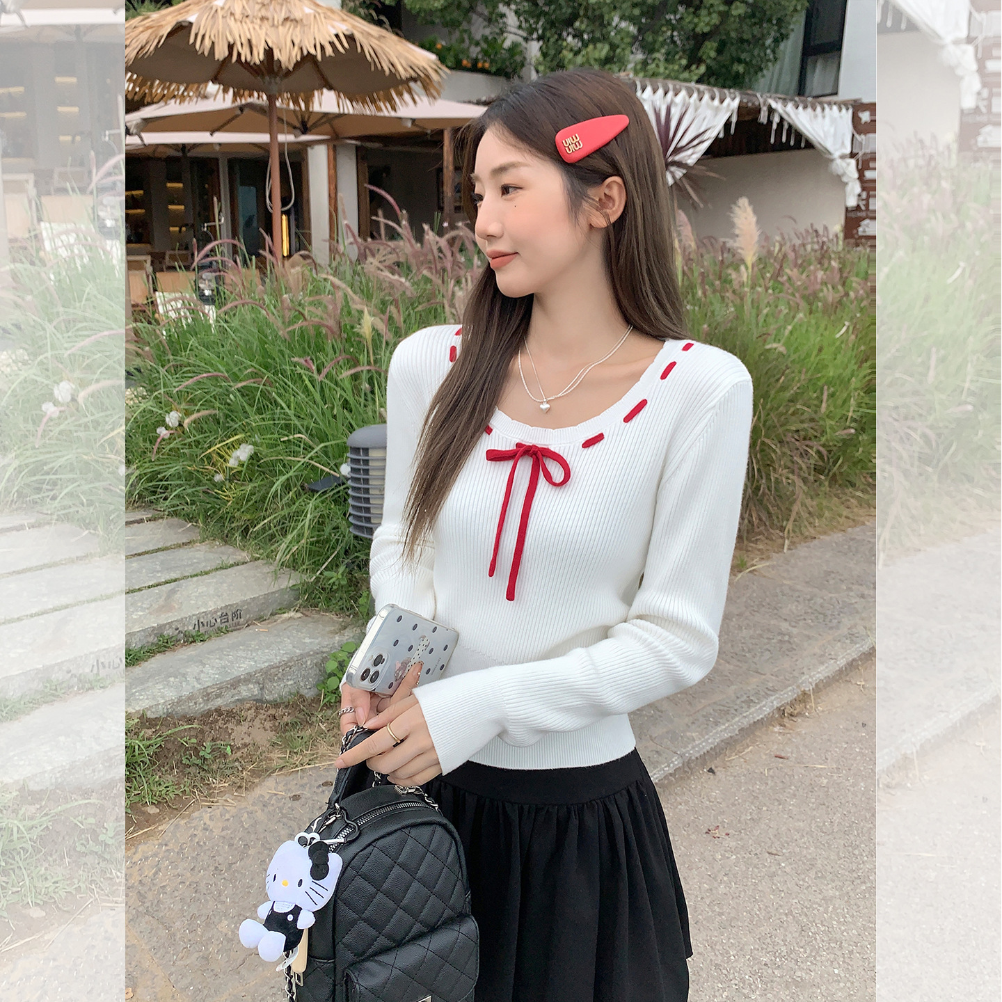 白色U领拼色蝴蝶结针织长袖女