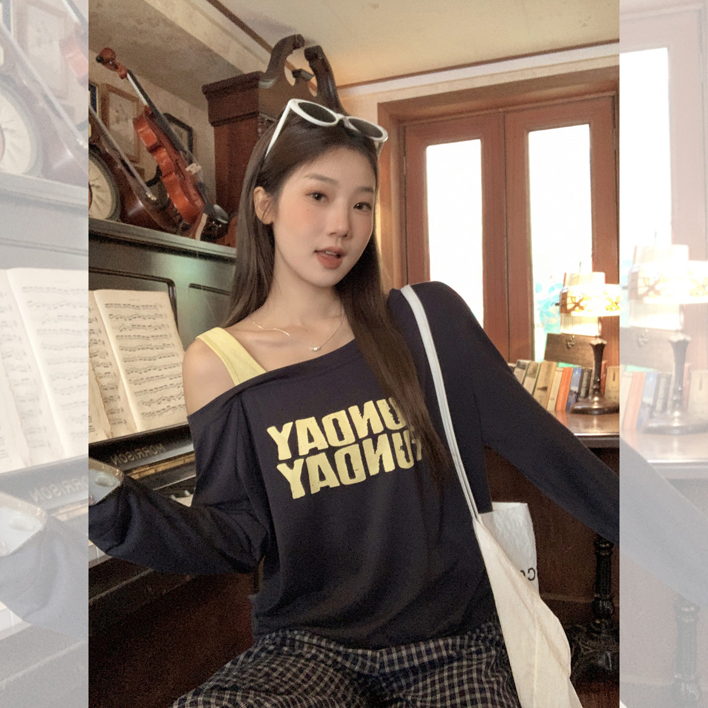 韩系露肩设计感宽松打底衫女宽松