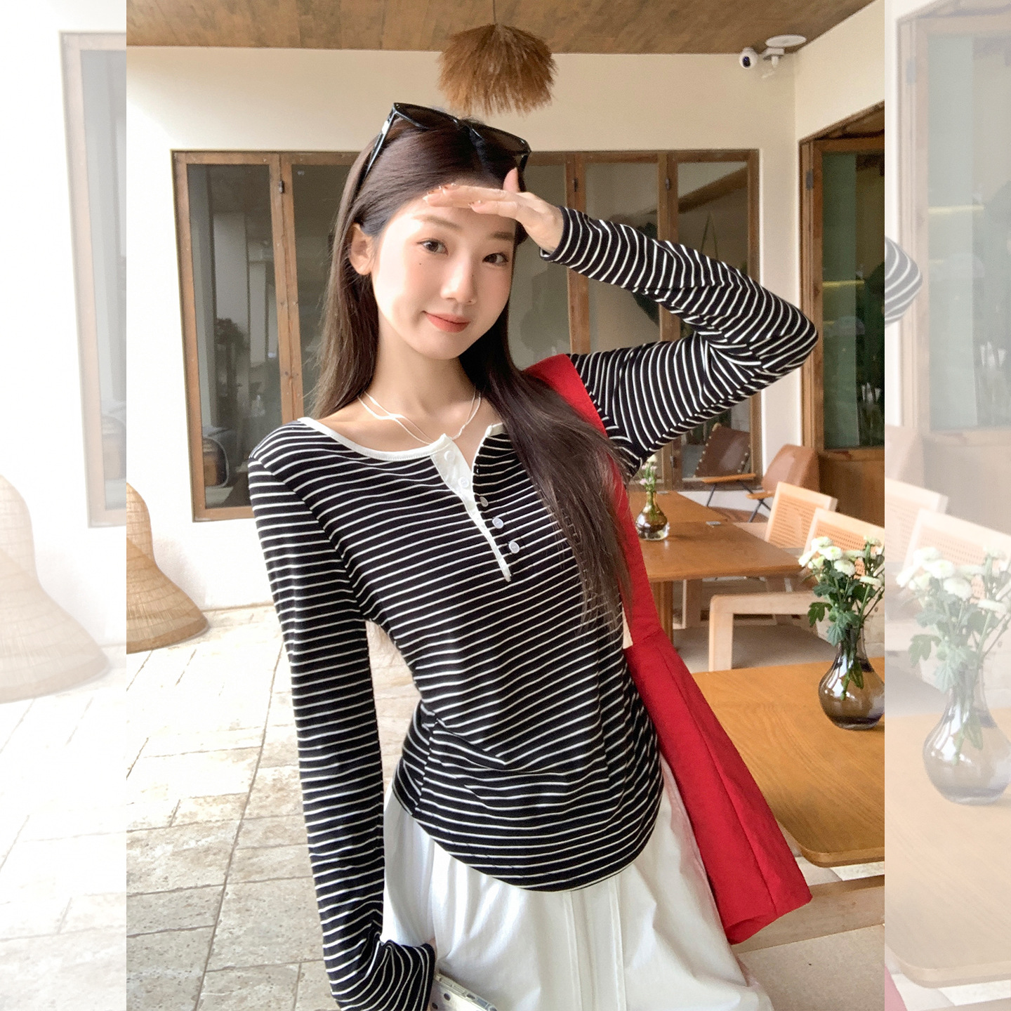 德绒条纹半开领打底衫女秋冬新款