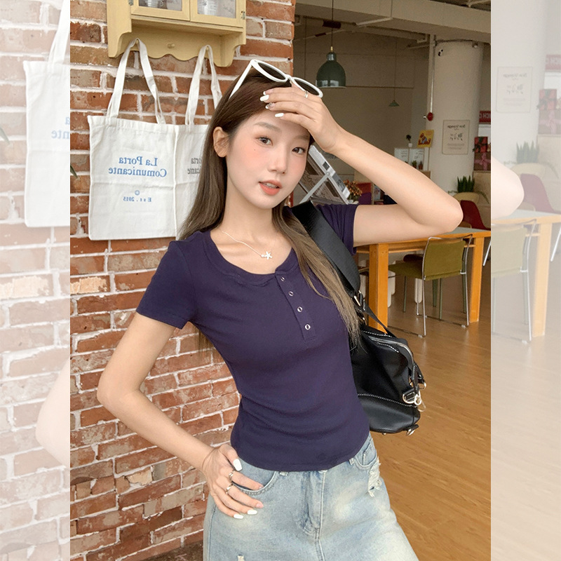 纯棉半开领正肩短袖T恤女修身收腰复古设计感上衣2025新款高级感