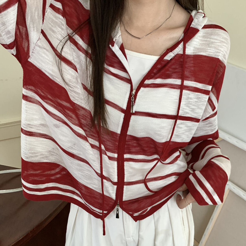 连帽双拉链撞色条纹休闲外套女薄