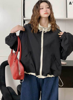撞色立领工装夹克短款外套女2025新款抽绳小个子高级感冲锋衣上衣