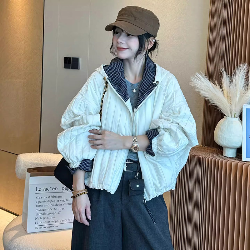 秋冬连帽撞色短款外套女休闲加厚夹棉宽松拼接压格拉链夹克棉服潮