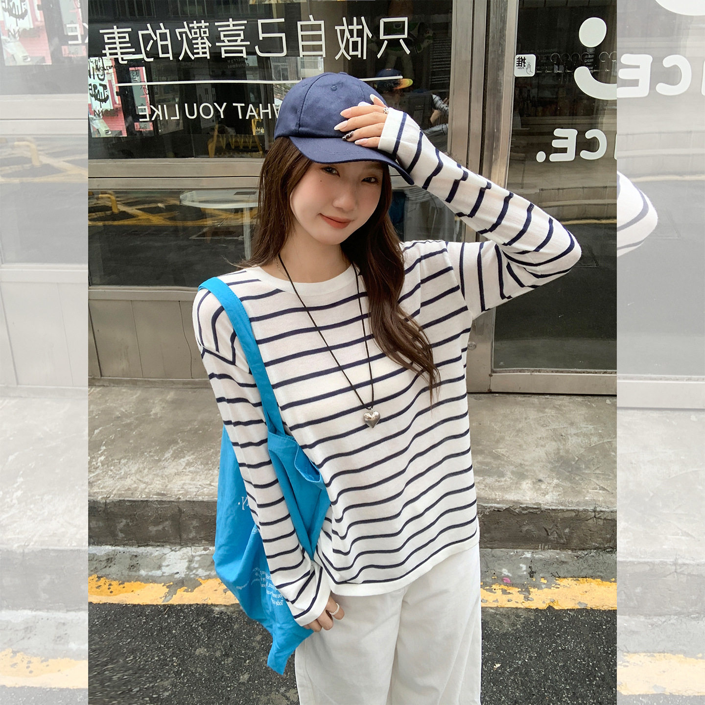 德绒圆领条纹撞色打底衫女士修身内搭设计感羊毛加绒肌底长袖上衣