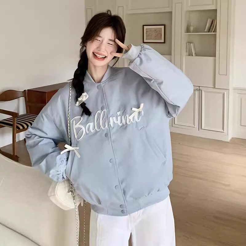 韩系立领蝴蝶结棒球服短款外套女2025秋冬新款设计感宽松时尚夹克,女装/女士精品,短外套,淘宝优惠券,粉丝福利购,淘宝优惠卷
