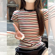 圆领条纹冰丝短袖T恤女正肩修身