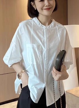 白色纯棉不规则短袖T恤女2026新款秋外穿设计感洋气胖mm宽松衬衫