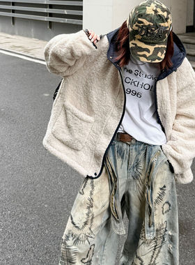 韩系拼色皮毛一体羊羔毛外套女秋冬新款宽松加厚超好看连帽上衣潮