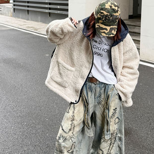 韩系拼色皮毛一体羊羔毛外套女秋冬新款宽松加厚超好看连帽上衣潮