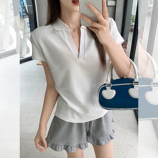 减龄上衣 简约休闲Polo领短袖 T恤女2025新款 正肩显瘦气质衬衫 时尚