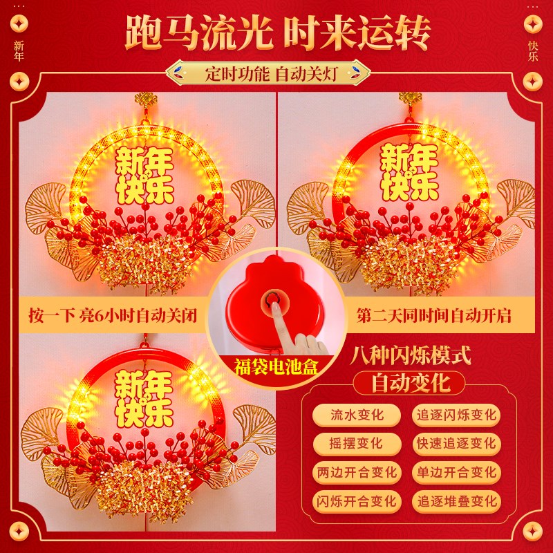 新年快乐发光花环挂件2025元旦玻璃大门上氛围R感装饰场景布置挂