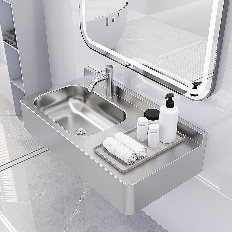 304不锈钢一体式台盆带台面y洗手盆洗脸盆卫生间挂墙洗漱台可定制