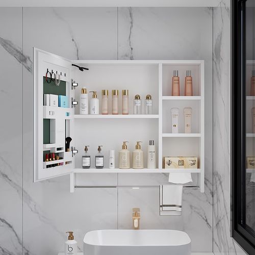 加厚太空铝挂墙式智能浴室镜柜单独洗漱台带美妆架收纳镜子抽纸孔