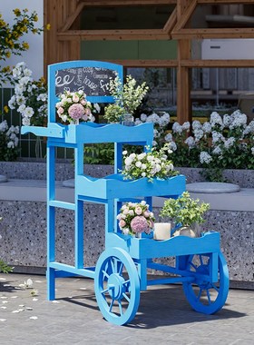 室内花架装饰摆件实木推车置w物架花店商场创意展示架子超市促销