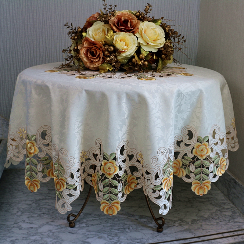 大圆桌桌布欧式田园n布艺简约现代家用刺绣镂空小圆餐桌布桌垫盖