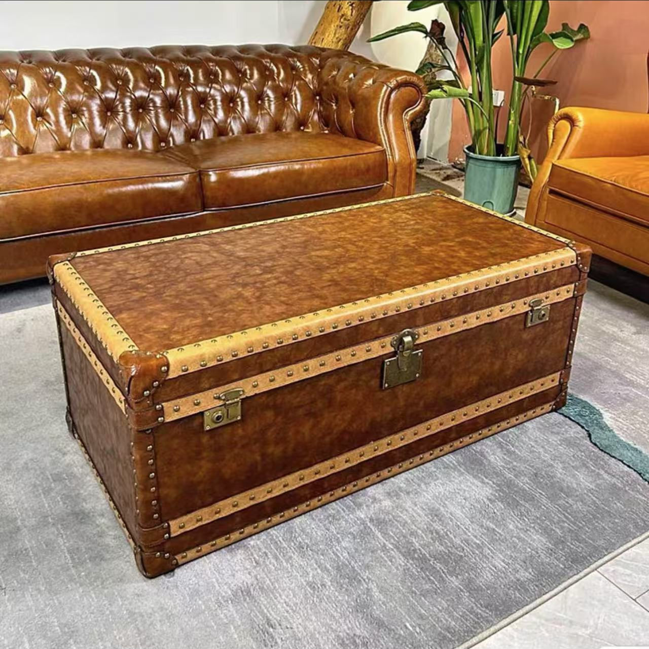 中古风美式复古油蜡皮皮箱茶几做旧客厅装饰柜客厅复古茶几储物柜