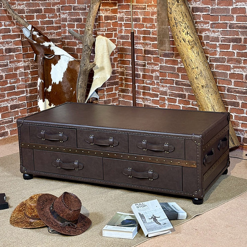 美式复古油蜡皮做旧茶几抽屉箱