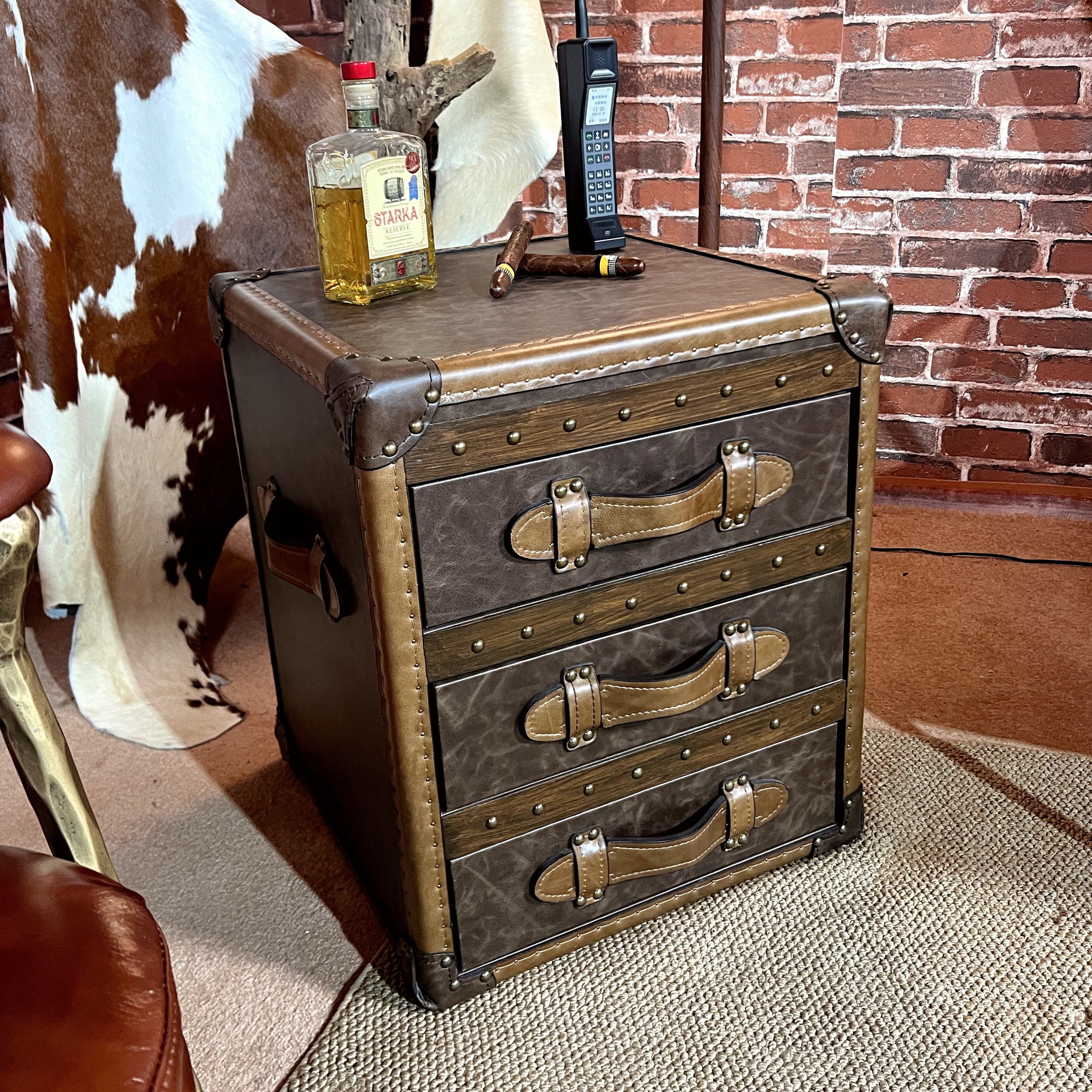 美式复古做旧床头柜中古风皮箱茶几储物边柜客厅小桌子酒店装饰柜