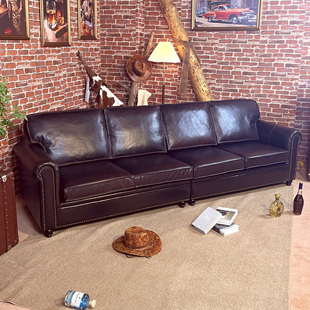 美式实木复古风真皮大巴顿沙发中古风油蜡皮中大户型客厅直排家具