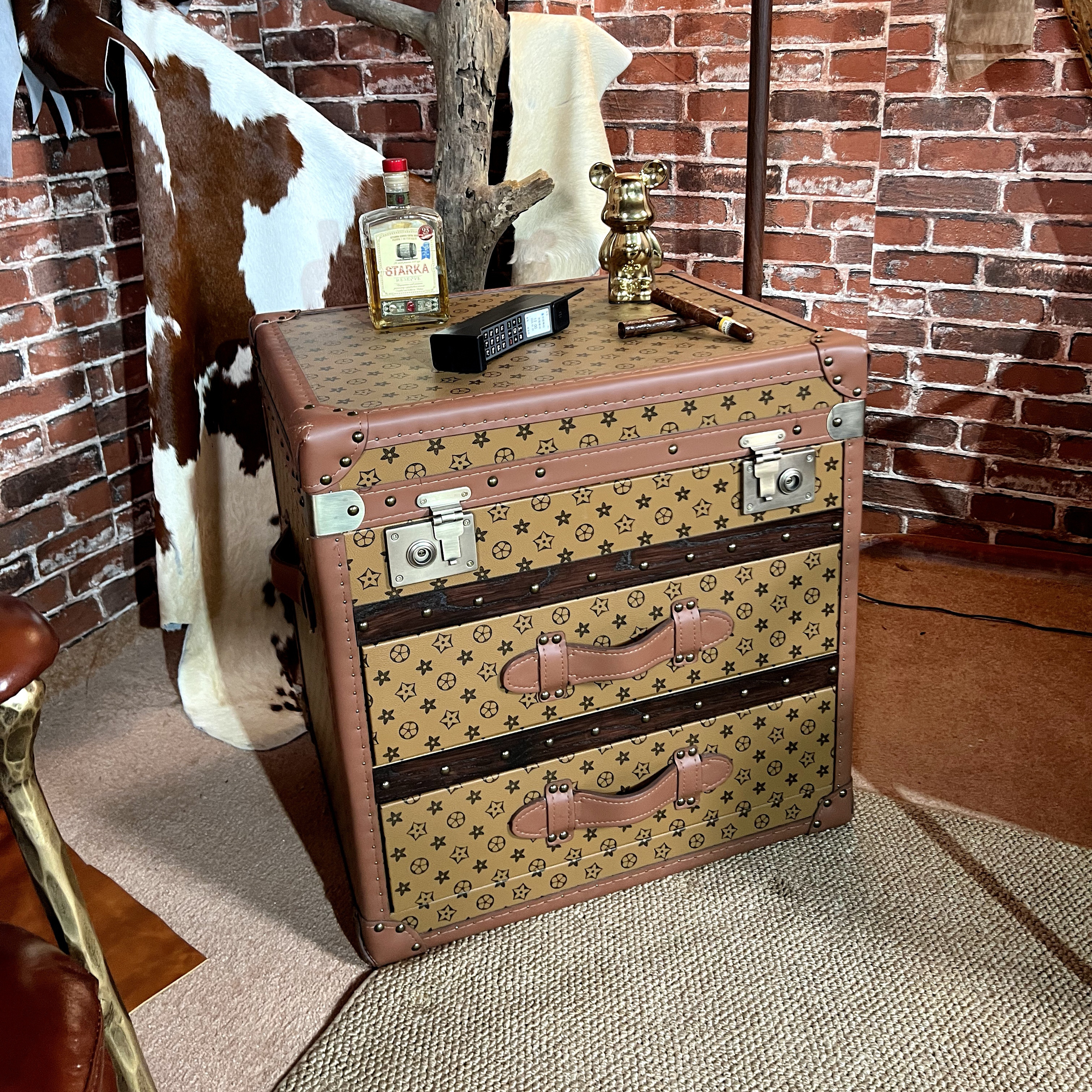 美式复古做旧床头柜中古风皮箱茶几储物边柜客厅小桌子酒店装饰柜