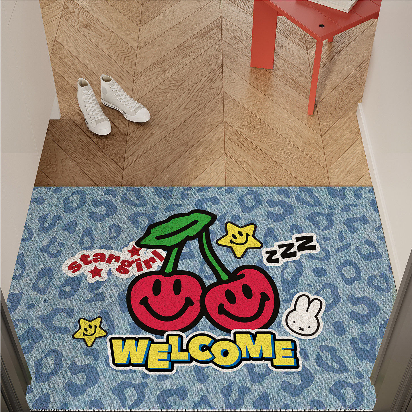 牛仔风豹纹樱桃入户地垫丝圈防滑耐脏进门玄关大门口外地毯可裁剪