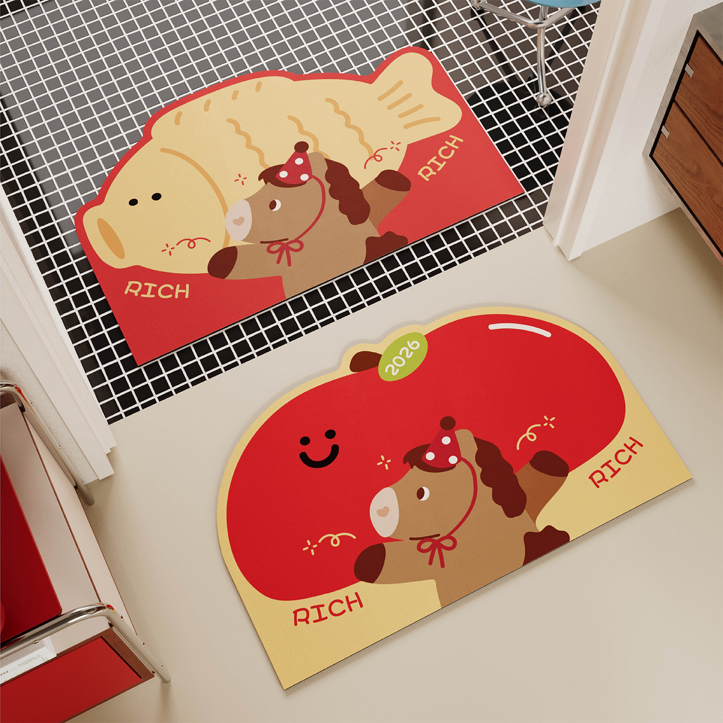 马年喜庆卡通浴室地垫硅藻泥吸水速干厕所卫生间门口防摔防滑脚垫,居家布艺,家用脚垫,淘宝优惠券,粉丝福利购,淘宝优惠卷