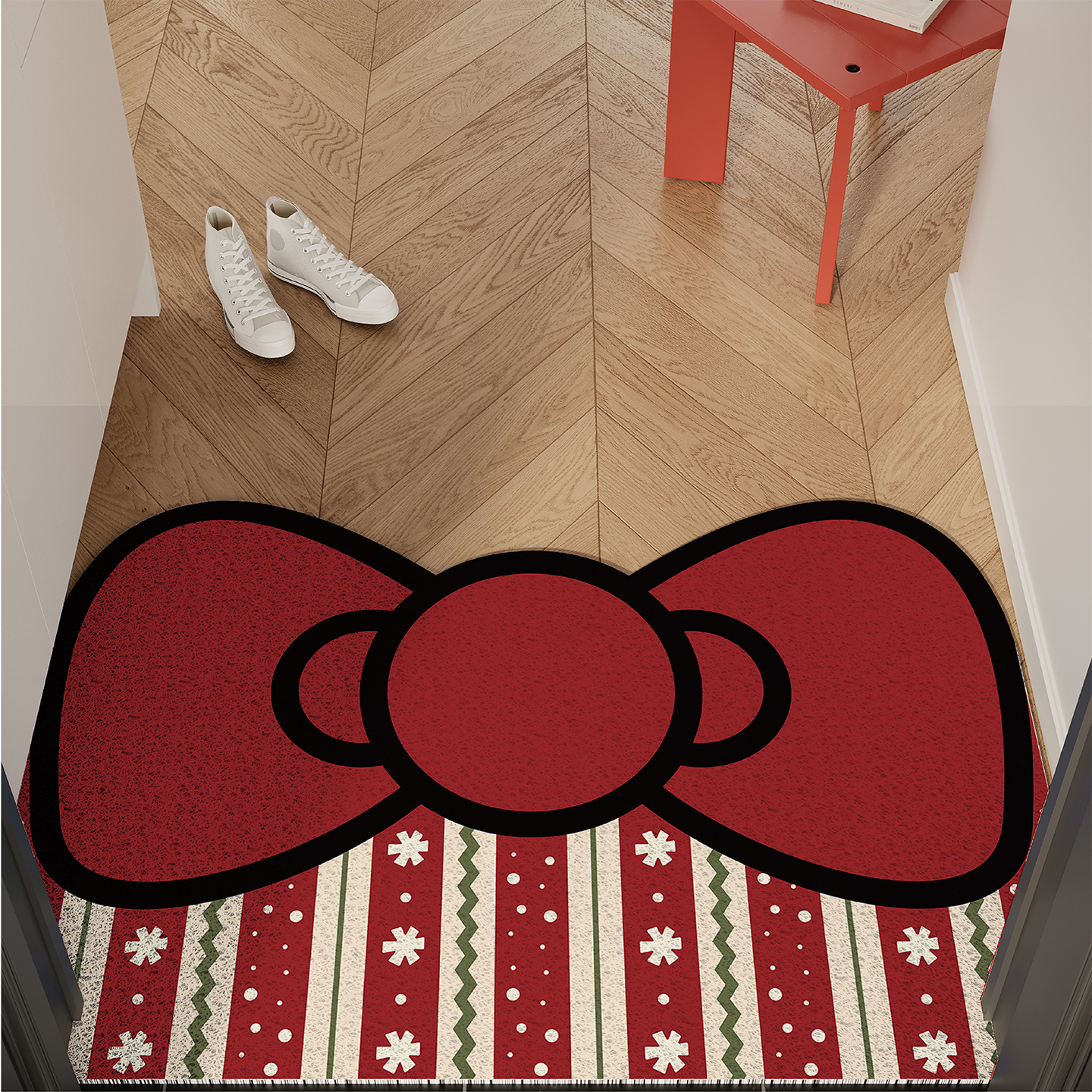 圣诞条纹蝴蝶结入户地垫丝圈防滑