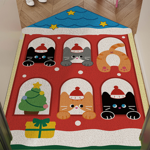 可爱圣诞风猫咪入户地垫丝圈防滑耐脏脚垫进门玄关门口地毯可裁剪