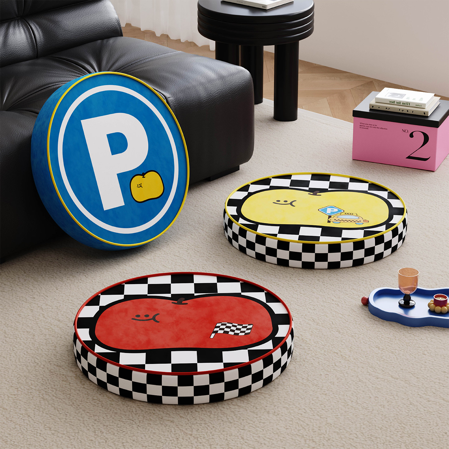 卡通棋盘格赛车蒲团懒人飘窗坐垫