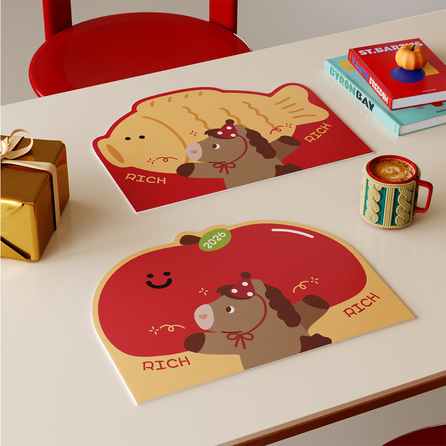 卡通喜庆小马新年西餐垫皮革防水防油防烫免洗高级感隔热桌垫杯垫,居家布艺,餐垫,淘宝优惠券,粉丝福利购,淘宝优惠卷