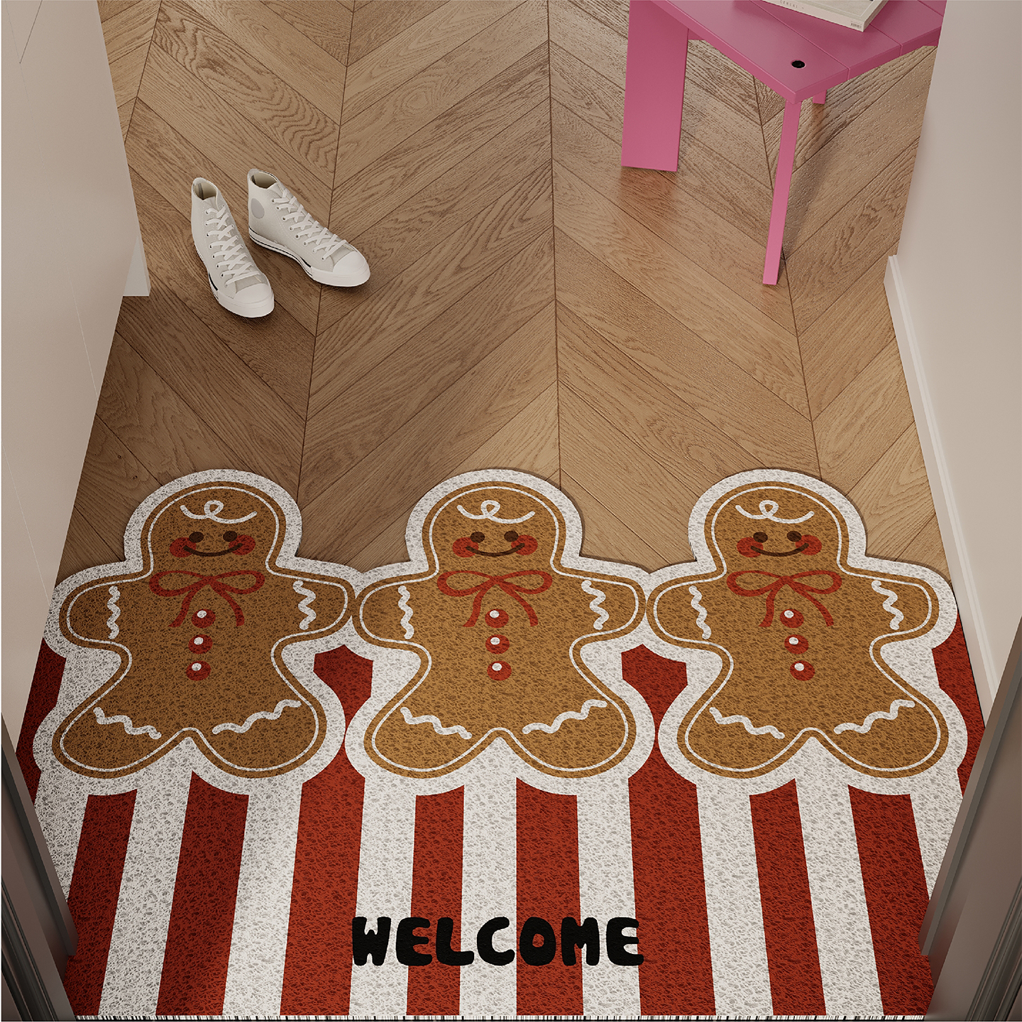 圣诞条纹姜饼人入户地垫丝圈防滑