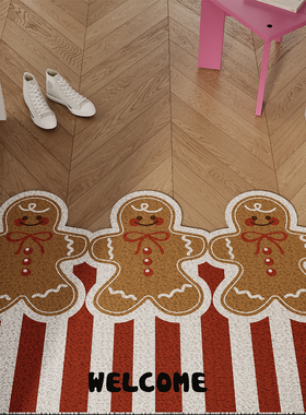 圣诞条纹姜饼人入户地垫丝圈防滑耐脏脚垫进门玄关门口地毯可裁剪