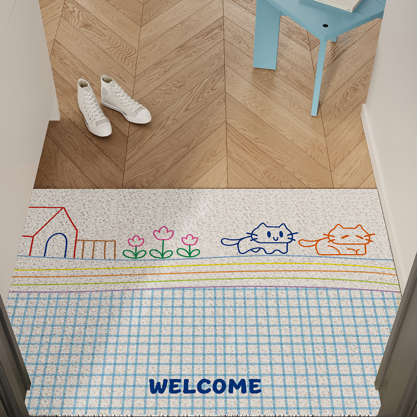 韩系线条猫猫可爱入户门丝圈地垫